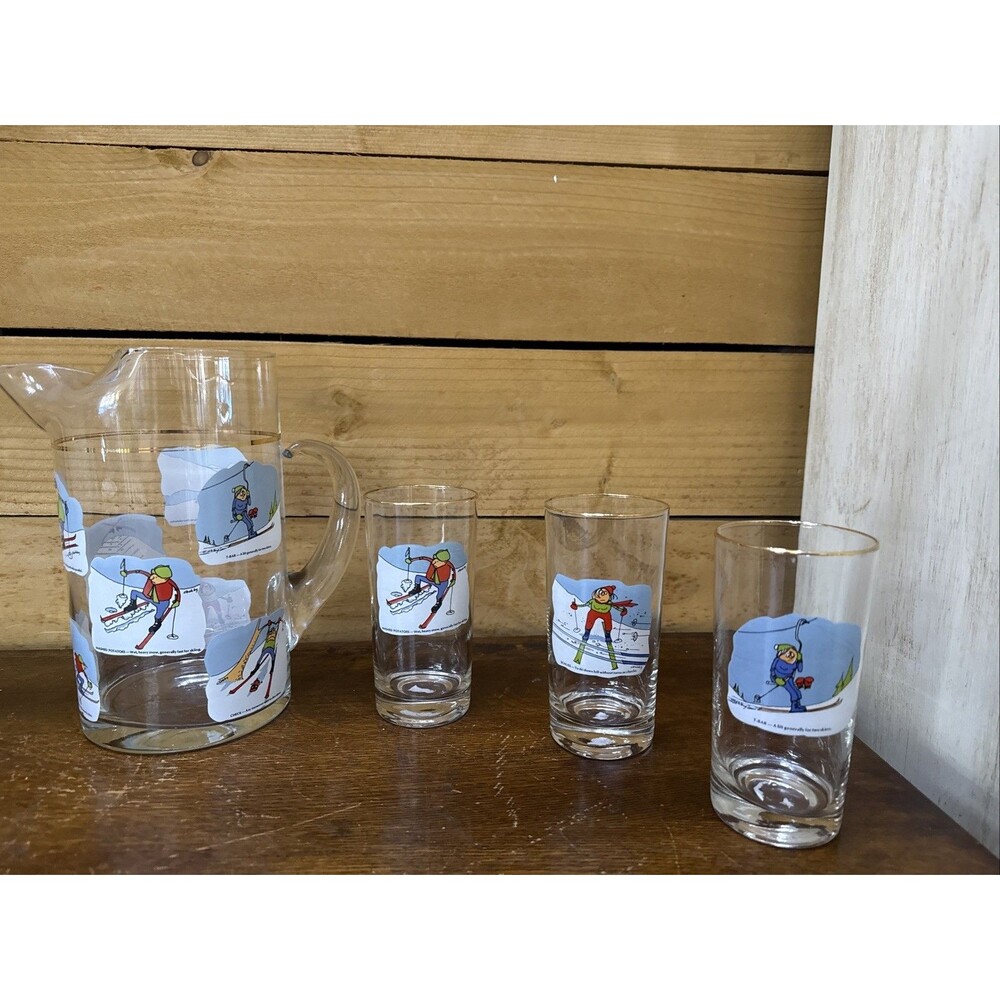 Vintage Ashby Skiing Cartoon Glassware Set Pitcher + Tumblers 1970s Ski Barware”